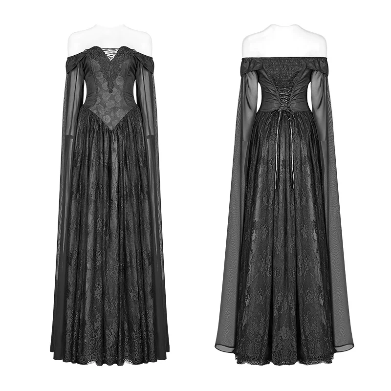 Retro And Elegant Dark Gothic Off Shoulder Victoria Long Lace Dress - Image 4