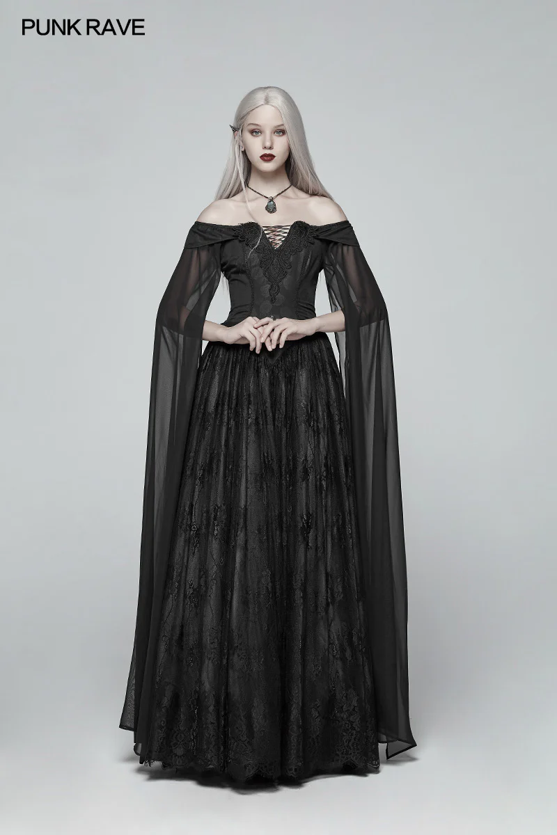 Retro And Elegant Dark Gothic Off Shoulder Victoria Long Lace Dress - Image 6