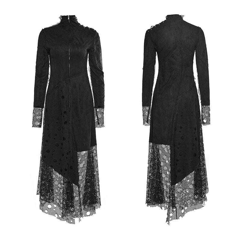 Sexy Asymmetrical Mesh High Neck Punk Dress Stitching With Fake Suede Fabric - Image 4