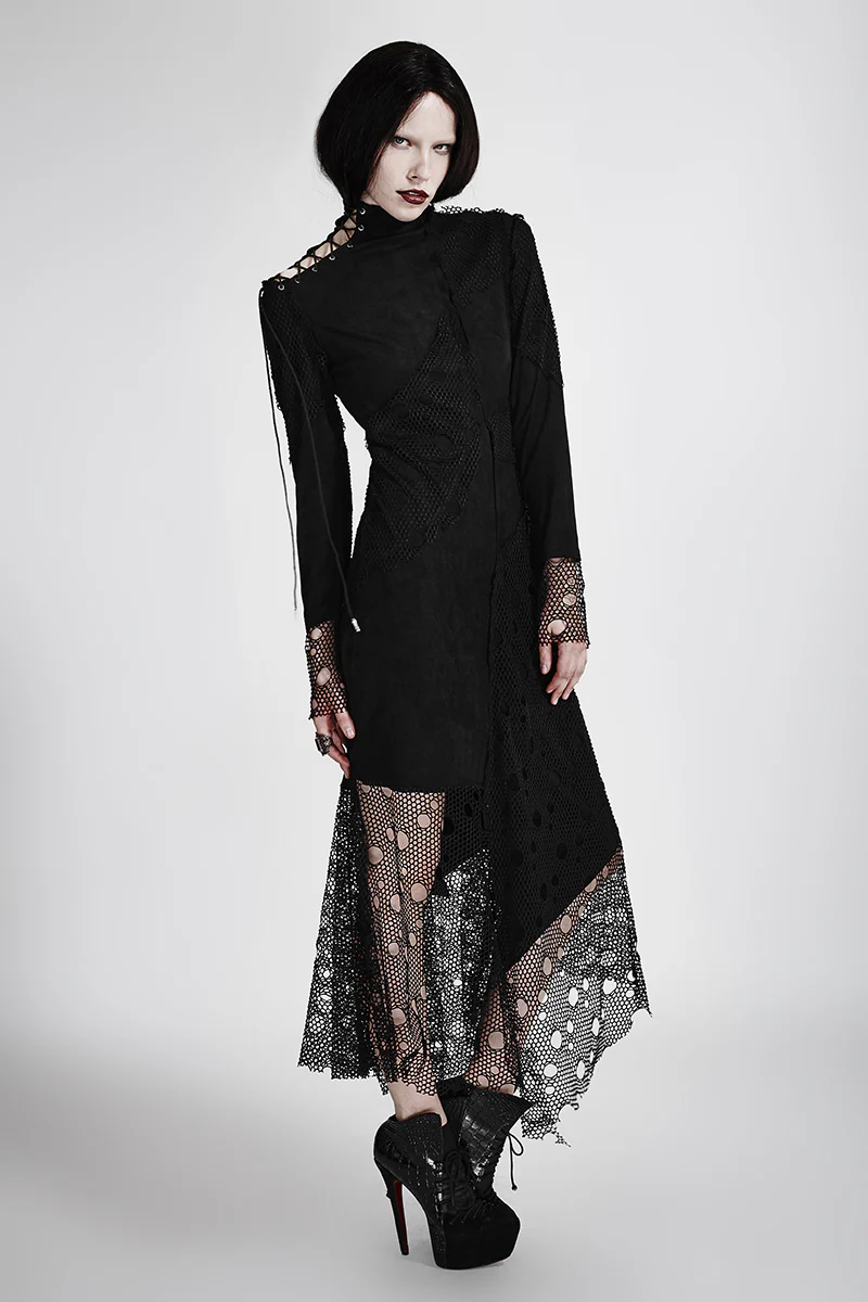 Sexy Asymmetrical Mesh High Neck Punk Dress Stitching With Fake Suede Fabric - Image 6