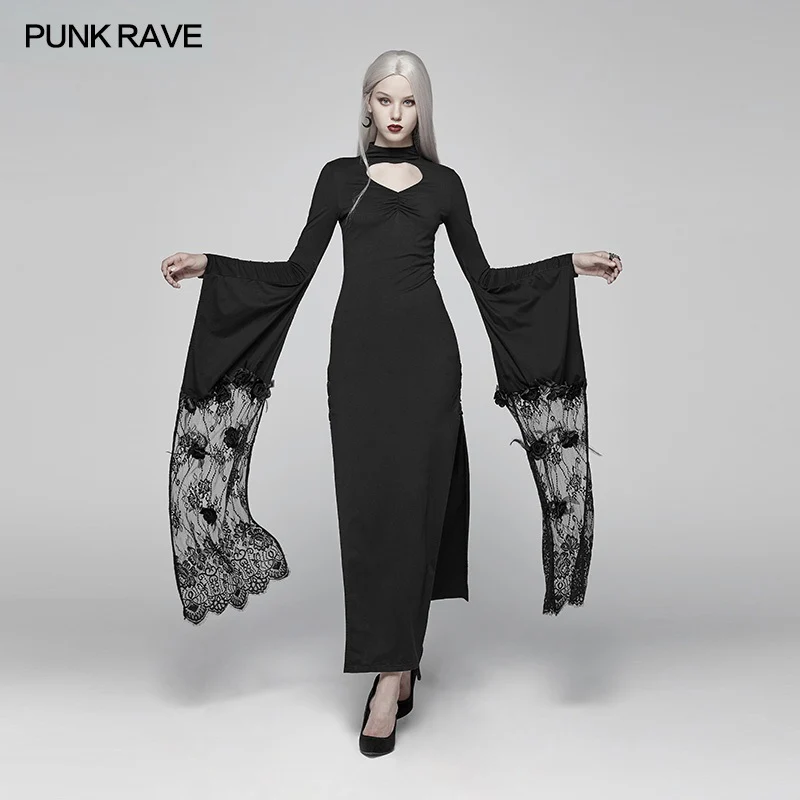 Sexy Gothic Drawstring Opening Fork Kimono Sleeve Maxi Dress - Image 4