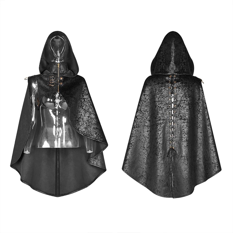 Steam Punk Leather PU Hooded Short Cloak With Lace-up Back - Image 4