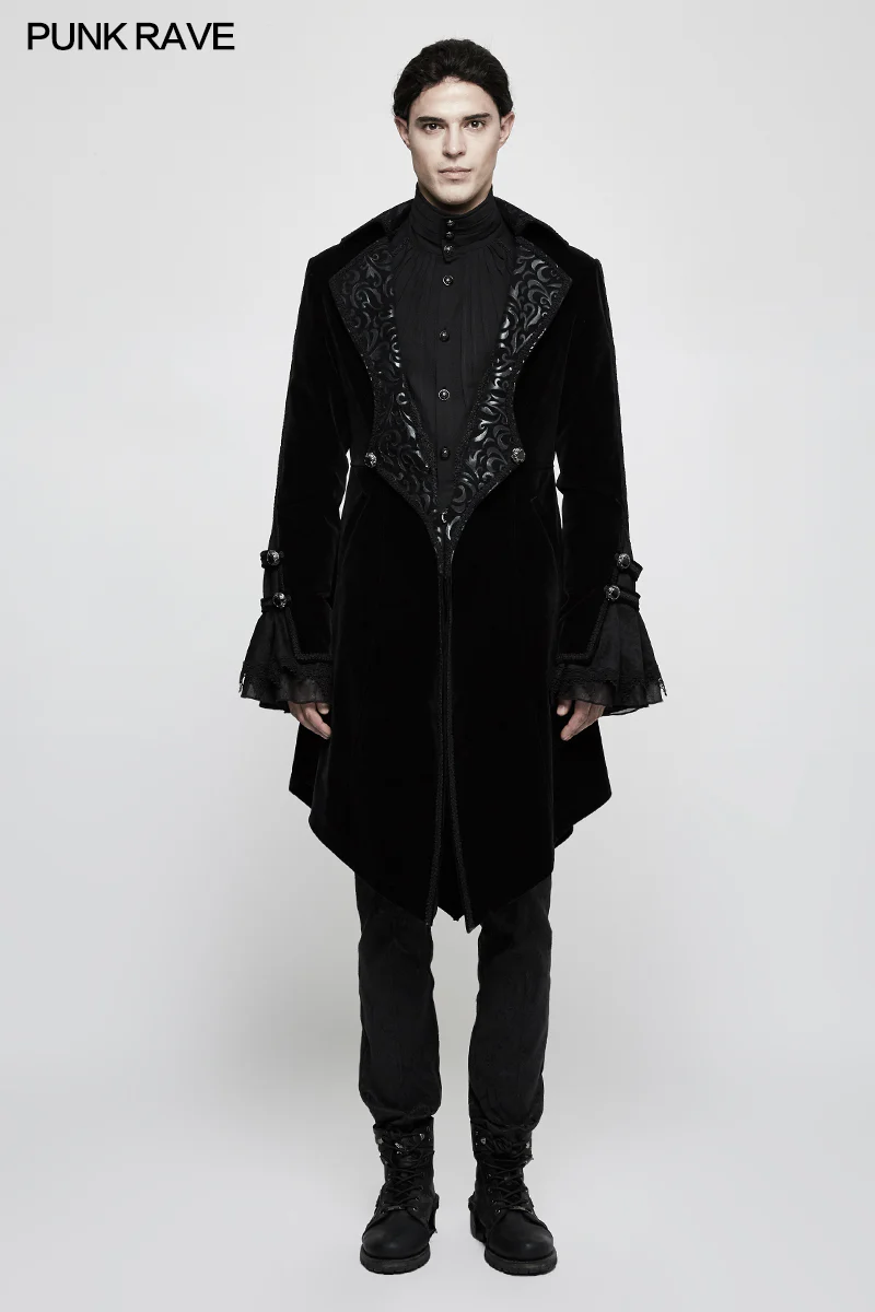 Suede Embossed Velvet Gothic Coat Gorgeous Medium Long Style - Image 6
