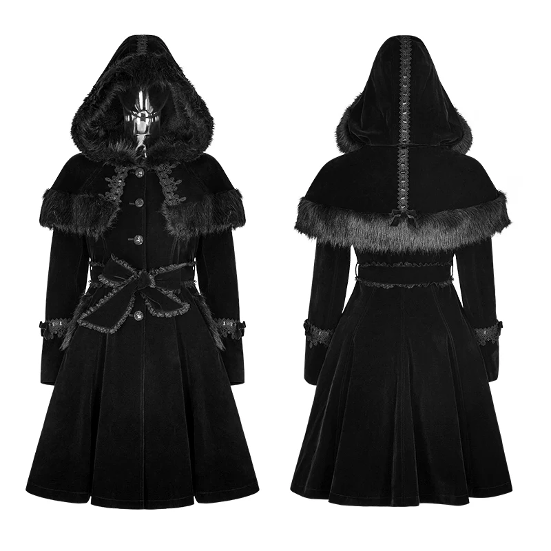 Sweet Lolita Style Velvet Hooded Gothic Coat With Tiered Lace - Image 4