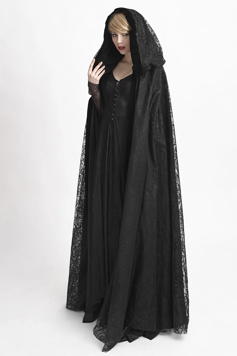 Velvet Fabric Big Cape Gothic Trench Coats With Flower Pattern - Image 6