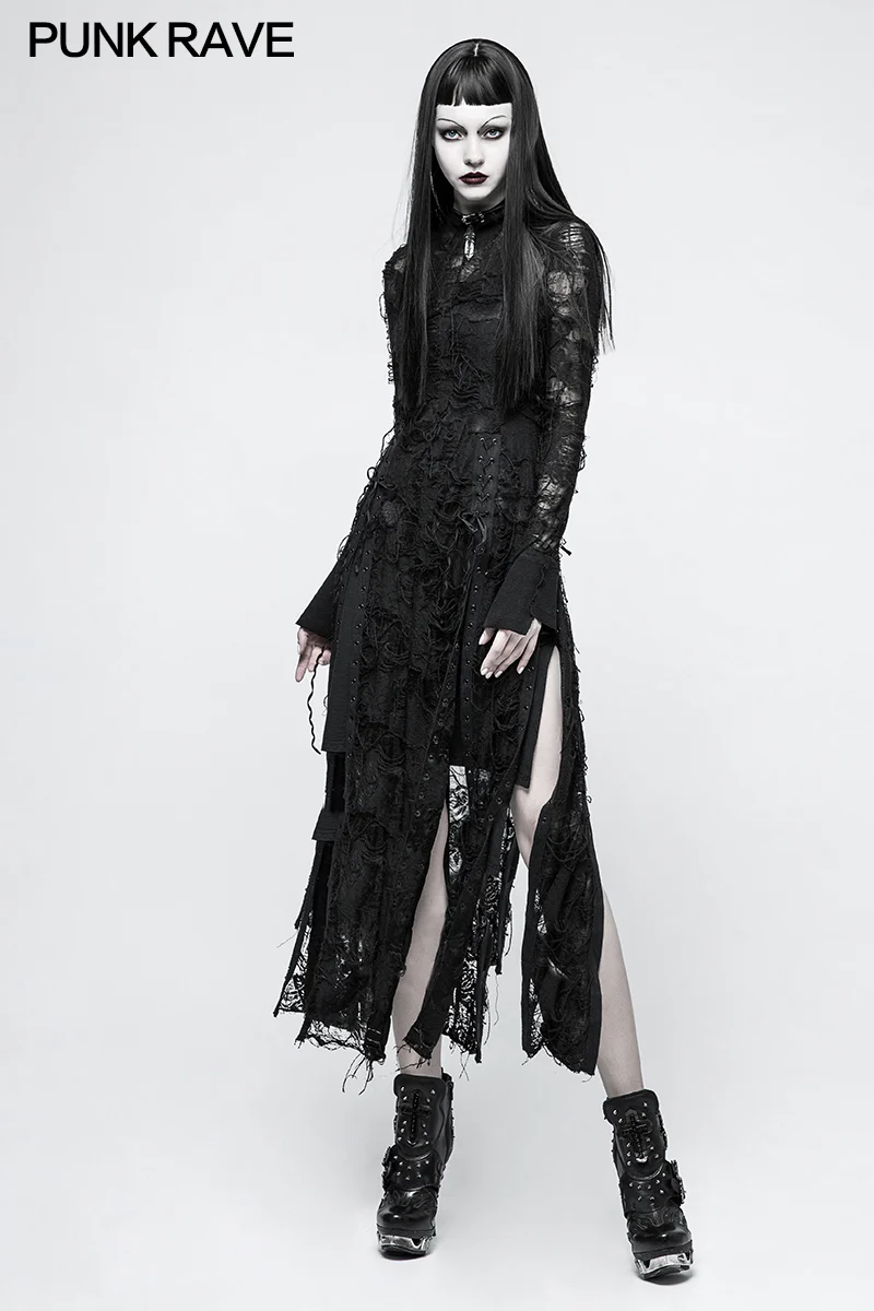 Vintage Rose Lace Mesh Black Long Gothic Dresses With Multi-split Design - Image 6