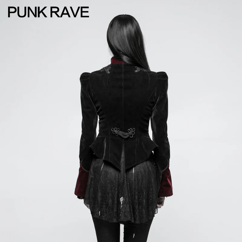 Women Scissor-tail Velvet Short Gothic Jackets With Black-red Rose Lace - Image 3