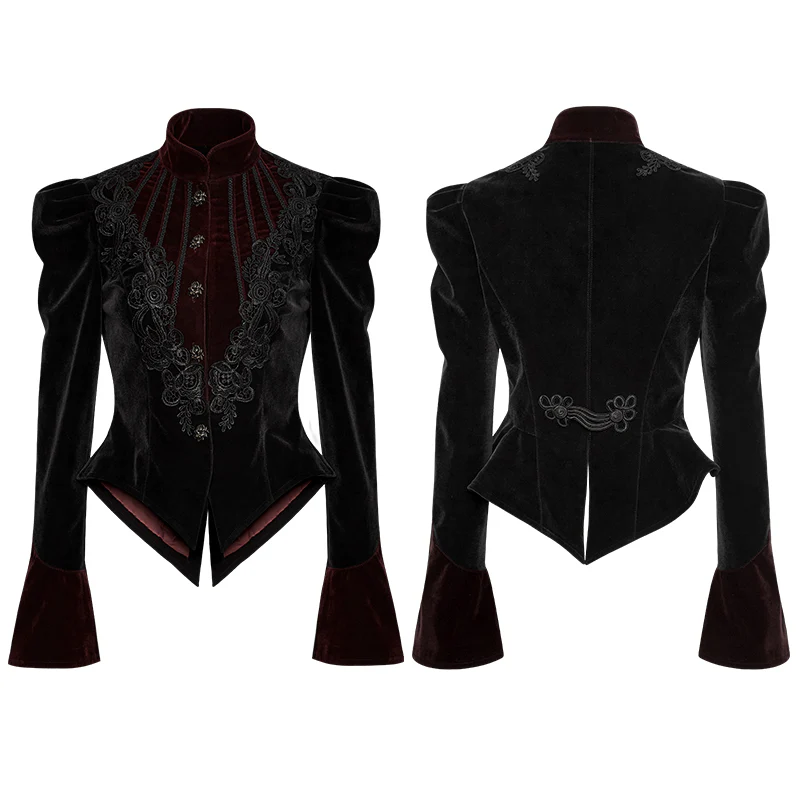 Women Scissor-tail Velvet Short Gothic Jackets With Black-red Rose Lace - Image 4