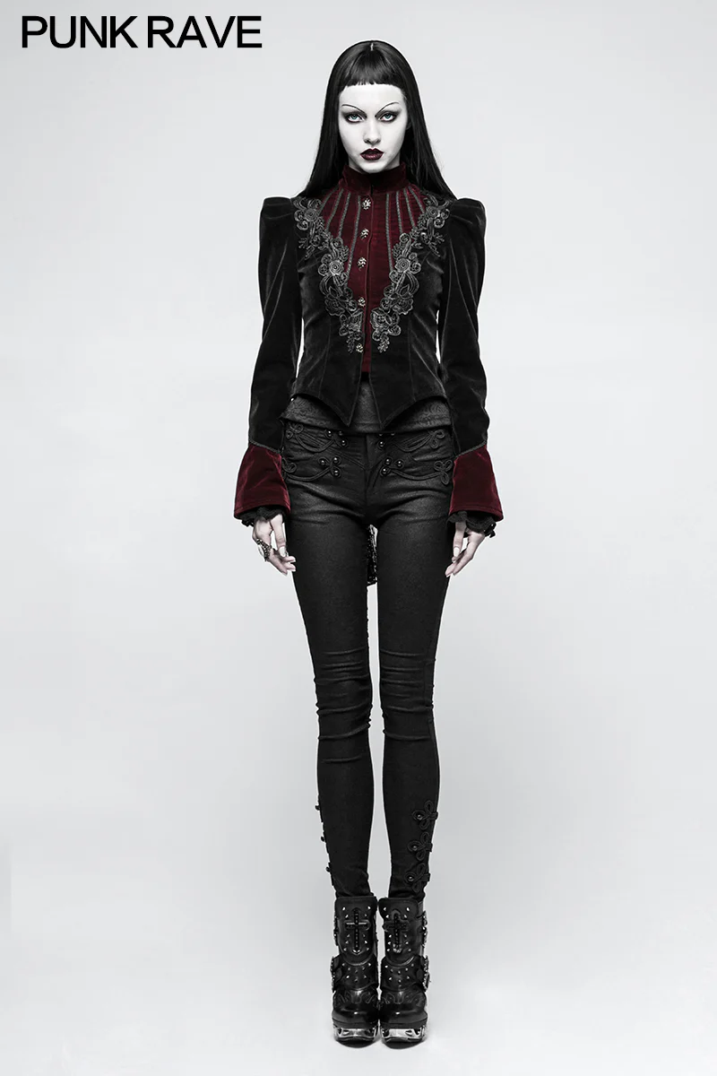 Women Scissor-tail Velvet Short Gothic Jackets With Black-red Rose Lace - Image 6