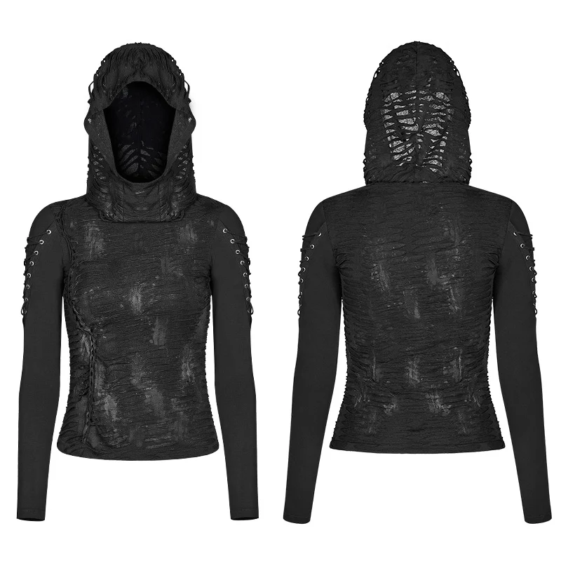 Womens & mens Double Layers Irregular Dark Gothic Shirt With Black Hole Hooded - Image 4