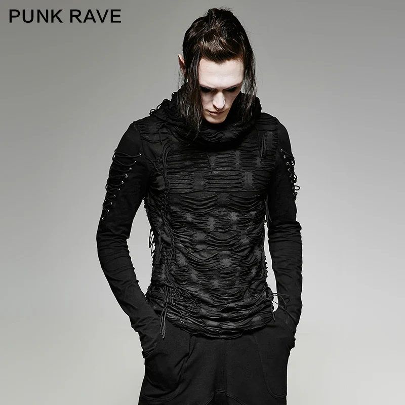 Womens & mens Double Layers Irregular Dark Gothic Shirt With Black Hole Hooded - Image 6